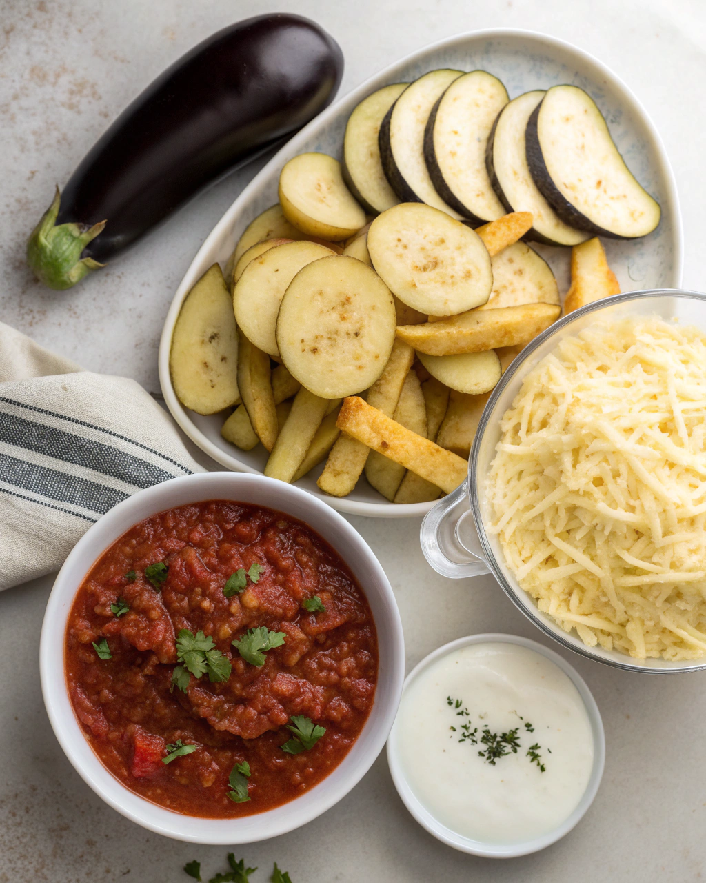 Fresh ingredients for authentic moussaka recipe including eggplant, ground lamb, onions, and spices arranged on a wooden cutting board