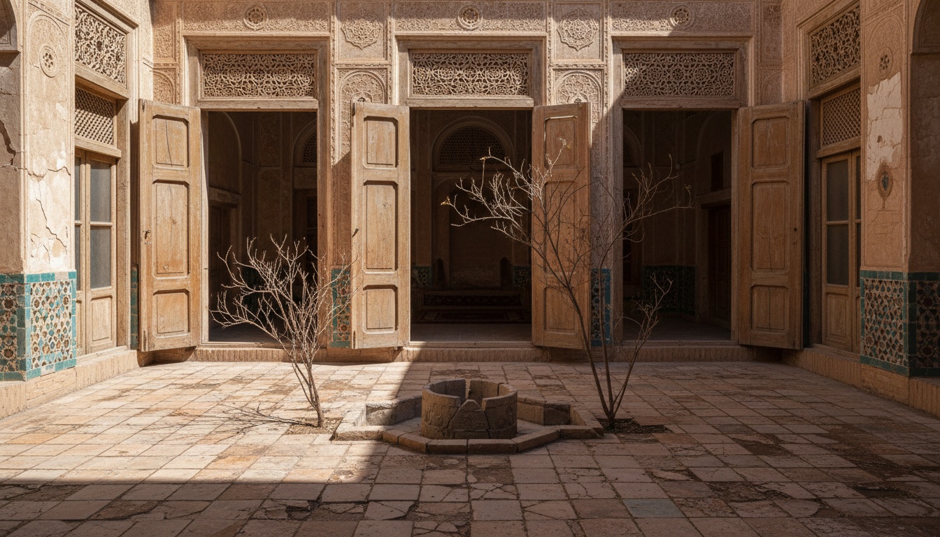 An evocative view from the central courtyard of an old Persian home, looking inward toward the living room through tall wooden doors worn smooth by time. The façade is adorned with delicate Persian ornamentation—faded stucco reliefs, hand-carved wooden frames, and fragments of turquoise and ochre tilework, their patterns softened by decades of sun and wind. The walls carry the quiet patina of age, cracked and textured, telling stories of long summers and silent winters.

The courtyard floor is paved with broken, vintage square clay tiles, baked by hand and uneven underfoot, their earthy tones chipped and faded into warm shades of dust and rust. A small stone water fountain rests at the heart of the yard, now dry and silent, its basin cracked, echoing memories of flowing water. Around it, dead plants and a dried, skeletal tree stand motionless, their branches casting fragile shadows across the courtyard, creating an atmosphere of quiet decay, nostalgia, and timeless beauty.