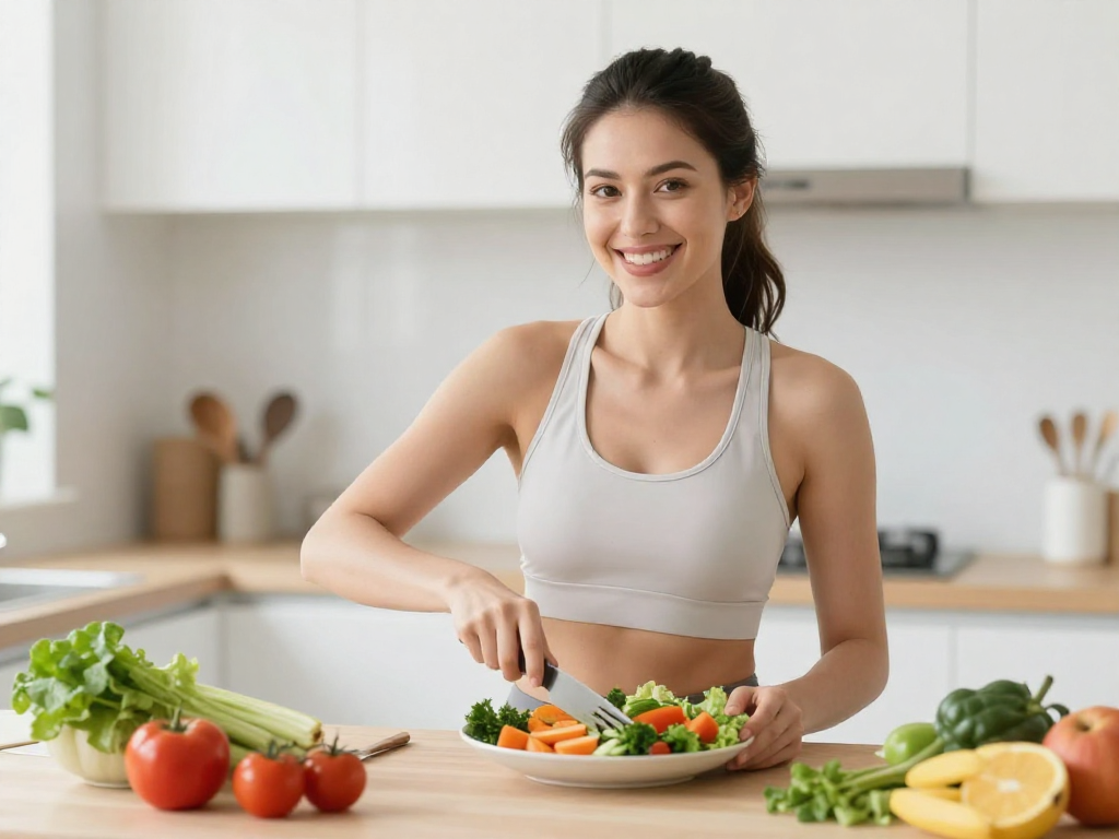 A vibrant, energetic woman engaging in healthy activities like light exercise and preparing a fresh, colorful meal, with a clear, happy expression. The setting should be bright and airy, conveying a sense of improved well-being and vitality. The image should contrast with the previous image, showing a positive transformation.