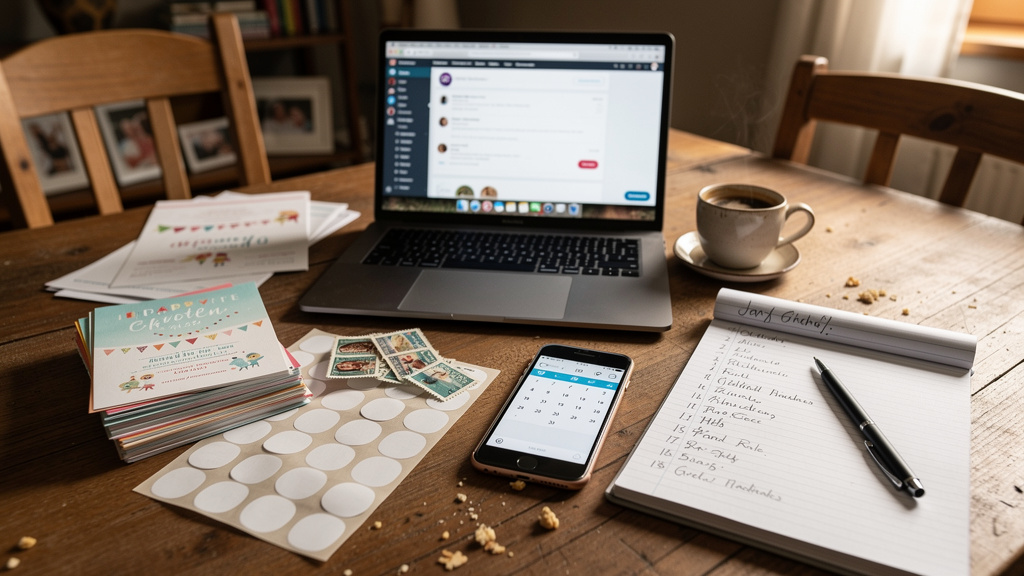 Party planning workspace with digital and print materials