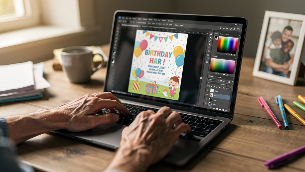 Parent customizing digital invitation template on tablet