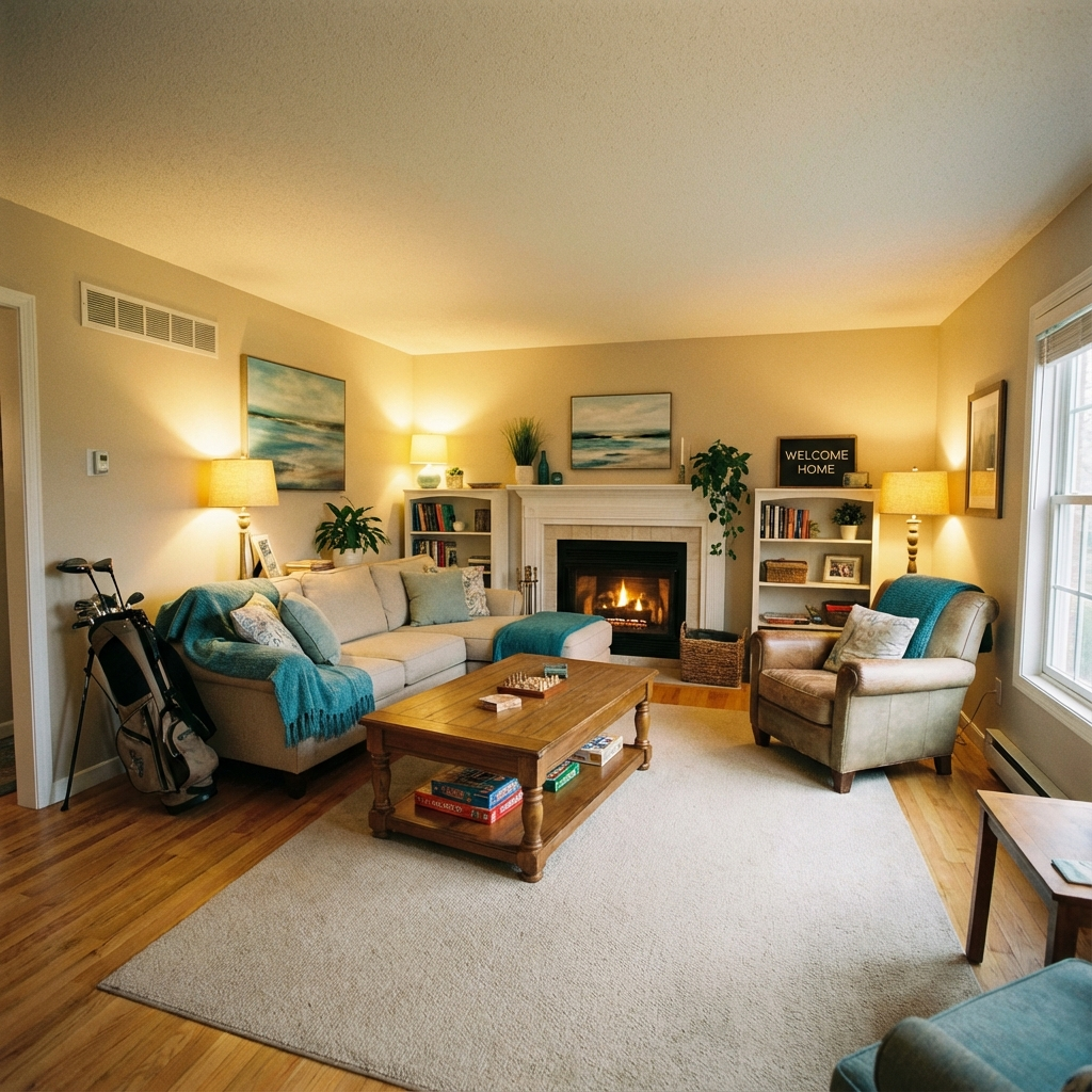 Cozy living room of a family-friendly rental with golf clubs leaning in the corner, photorealistic, warm interior lighting...