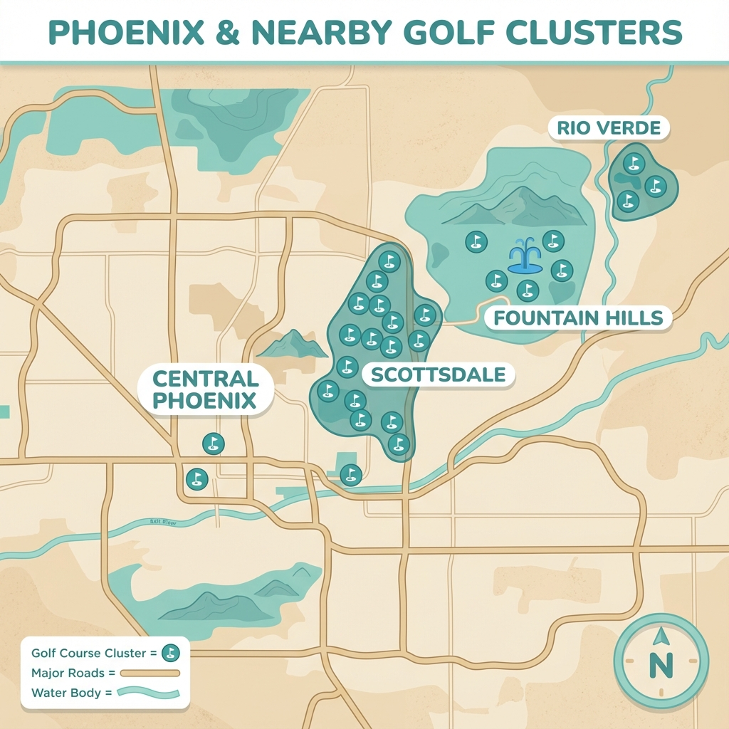 Infographic-style map view showing Phoenix and nearby golf clusters, minimalist flat design, clear labels for Scottsdale, ...