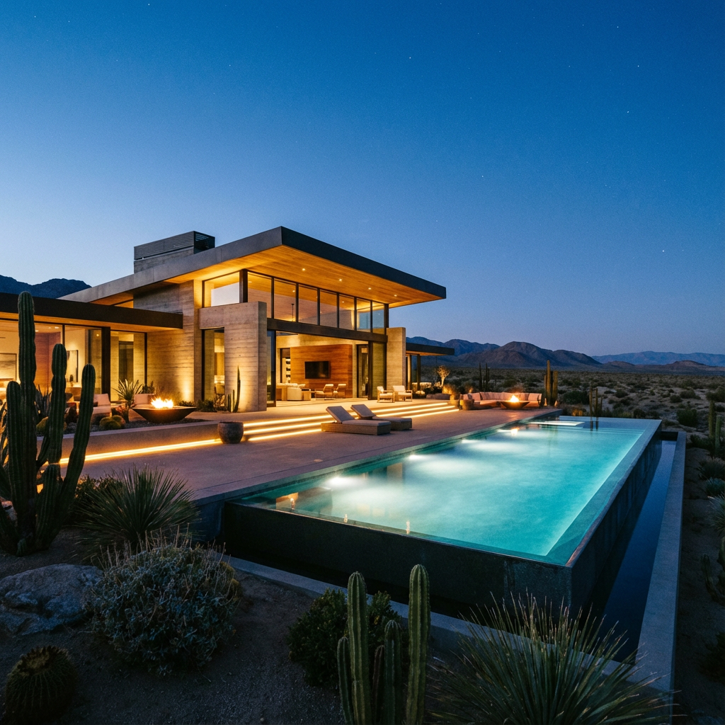 Wide-angle exterior shot of a desert villa at dusk with pool lights on, modern architecture, deep blue sky, warm accent li...