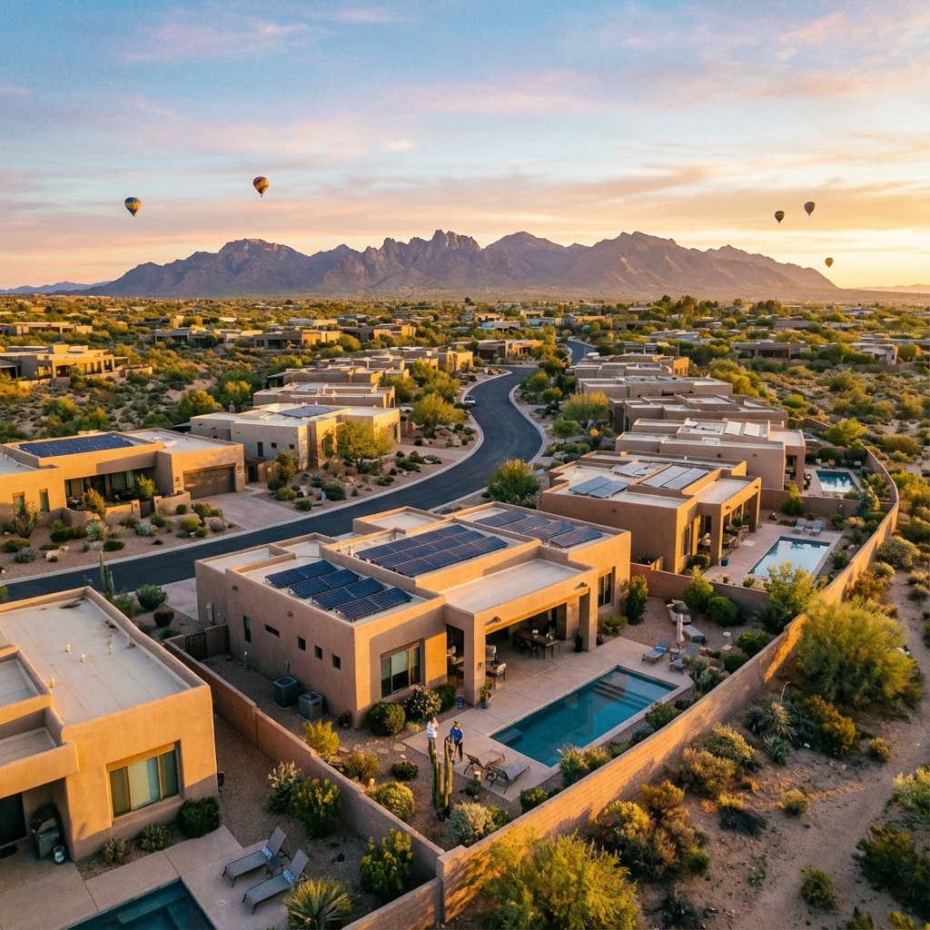 Aerial view of a vacation rental neighborhood at sunrise, photorealistic, wide angle, showing a mix of desert landscaping ...