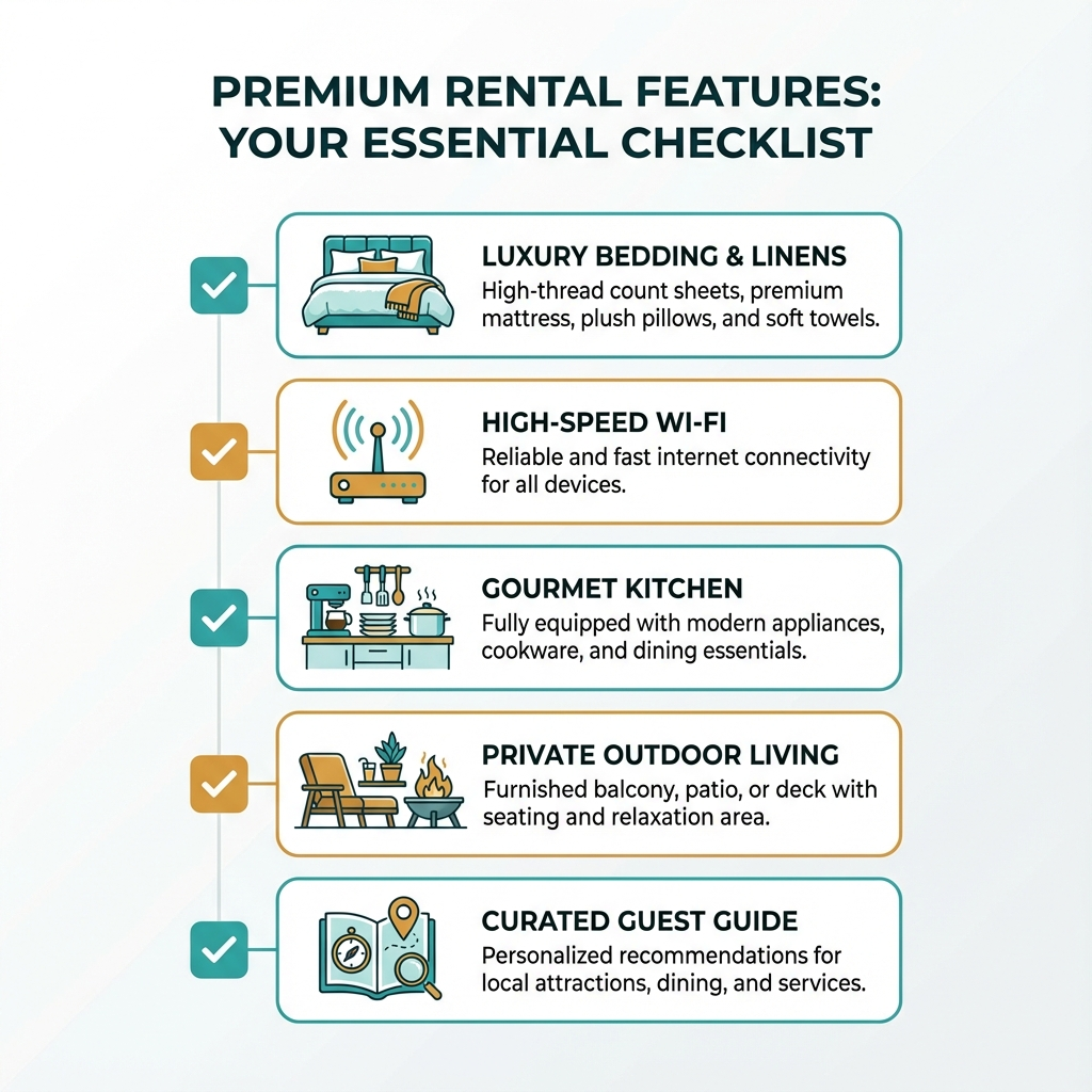 Infographic-style visual showing a checklist of premium rental features - icons for bedding, Wi-Fi, kitchen, outdoor livin...