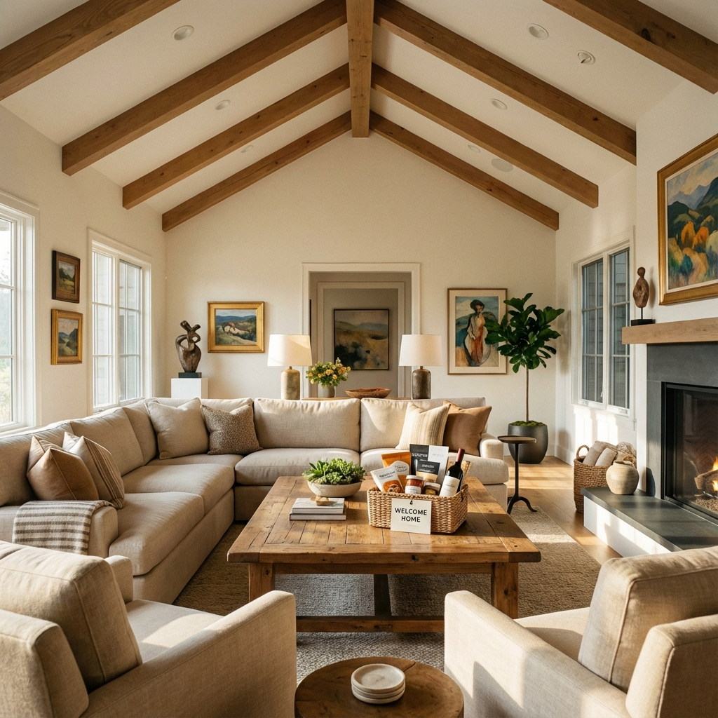 Interior shot of an upscale living room with vaulted ceilings, plush seating, local art on the walls, a neatly arranged we...