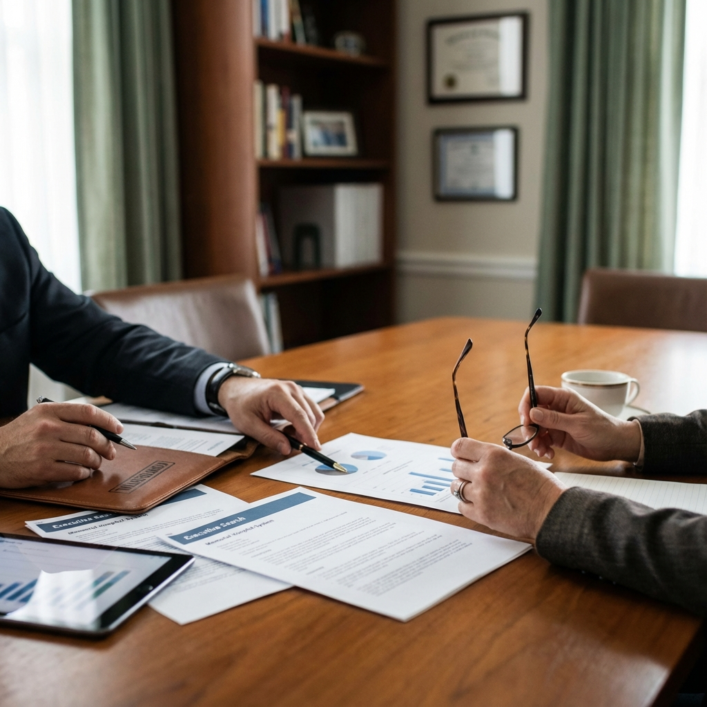 Photorealistic scene of a recruiter conducting a confidential executive briefing with a hospital board member, close-up on...