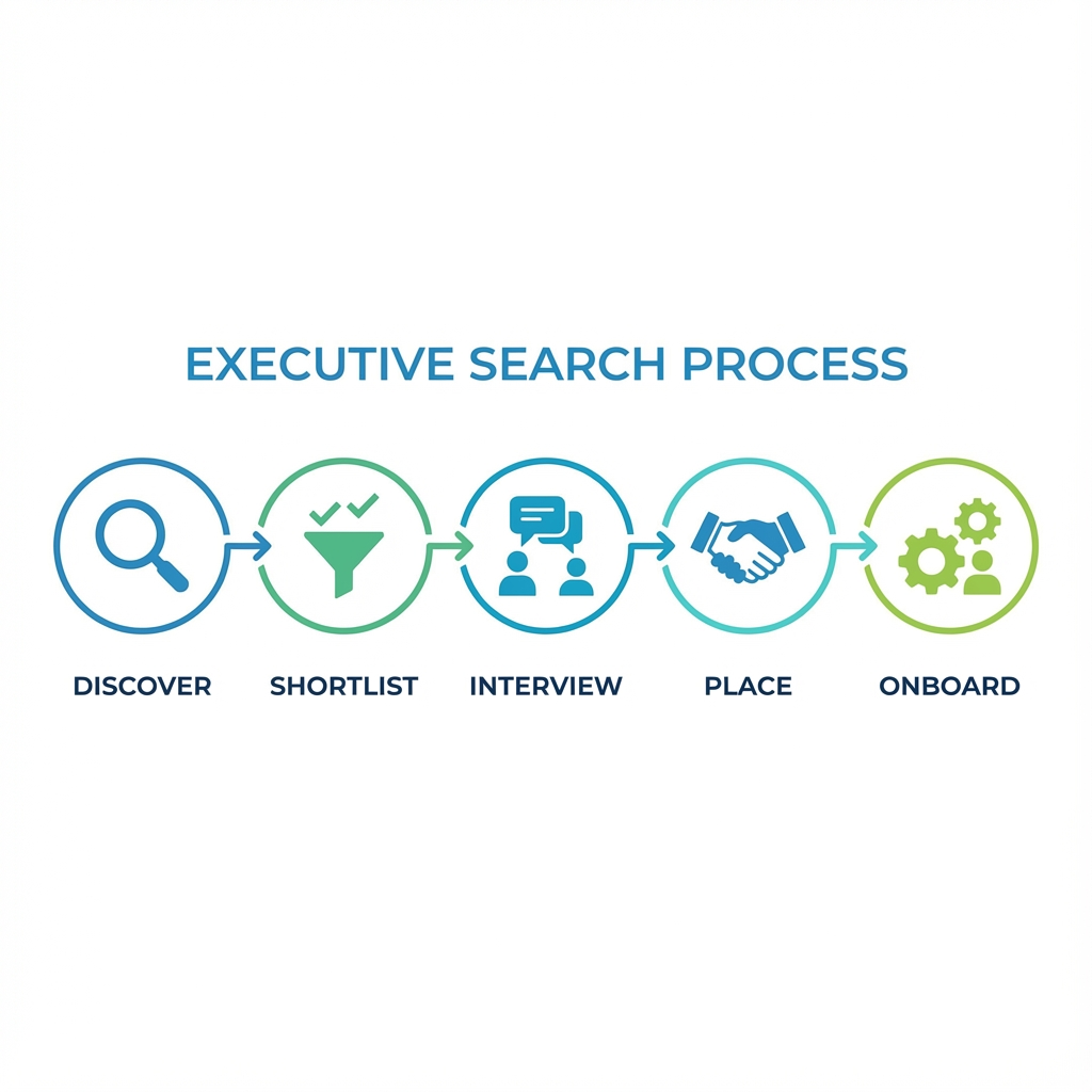 Minimalist infographic style illustration showing the executive search process in five steps: discover, shortlist, intervi...
