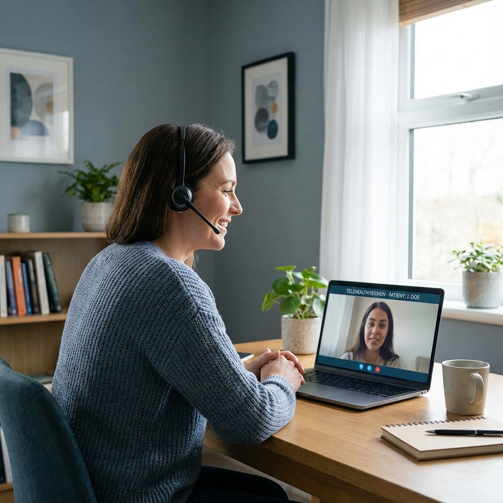 Photorealistic scene of a remote telehealth clinician conducting a video session in a calm home office, soft lighting, pro...