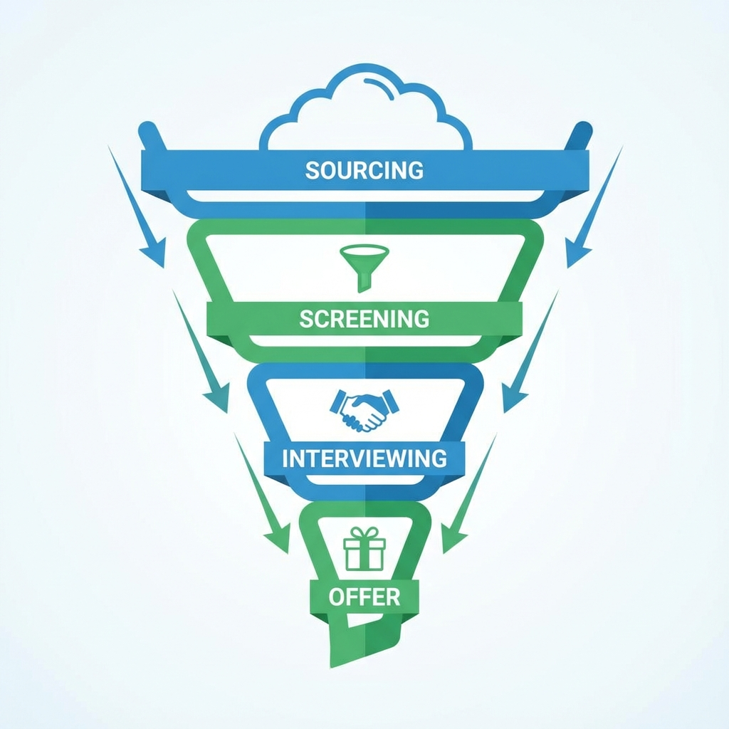 Illustration of a fast, stepwise hiring funnel—sourcing, screening, interviewing, offer—each step labeled. Modern infograp...