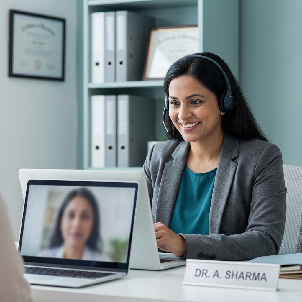Photorealistic scene of a psychiatrist in telehealth consult, headset on, smiling at a laptop. Clean clinical setting, war...