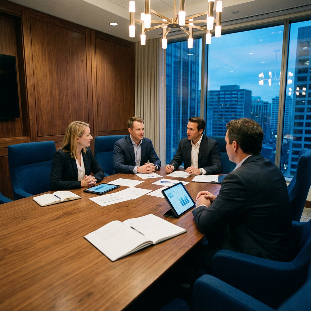 Photorealistic scene of a small executive panel meeting in a private boardroom, papers and tablets on the table. Mood: cal...