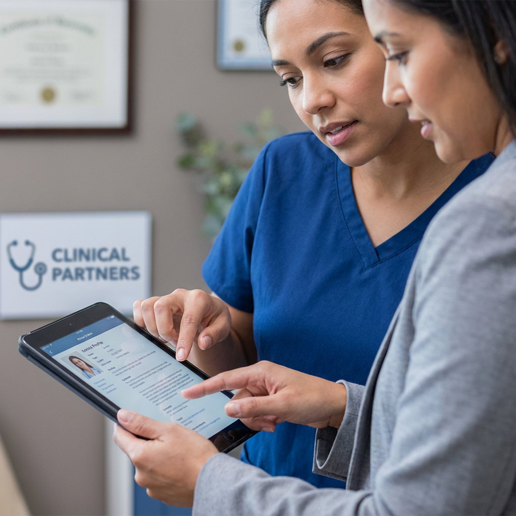 Photorealistic close-up of a clinician and hiring manager reviewing a candidate profile on a tablet. Warm, collaborative m...