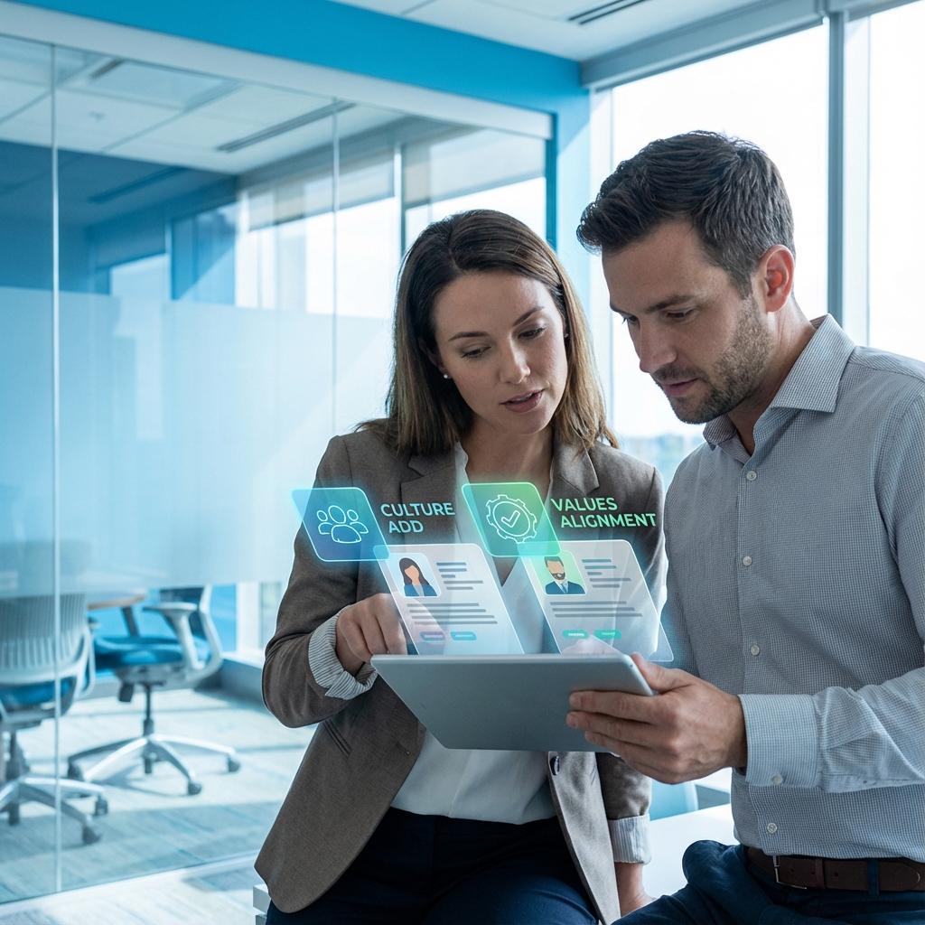 Photorealistic close-up of a recruiter and a hiring manager reviewing candidate profiles on a tablet, overlay icons markin...