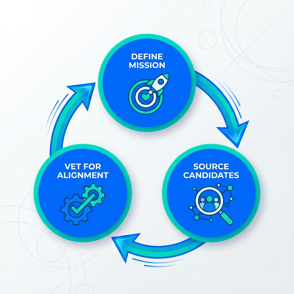 An infographic-style minimalist diagram showing a three-step recruitment loop: Define mission, Source candidates, Vet for ...