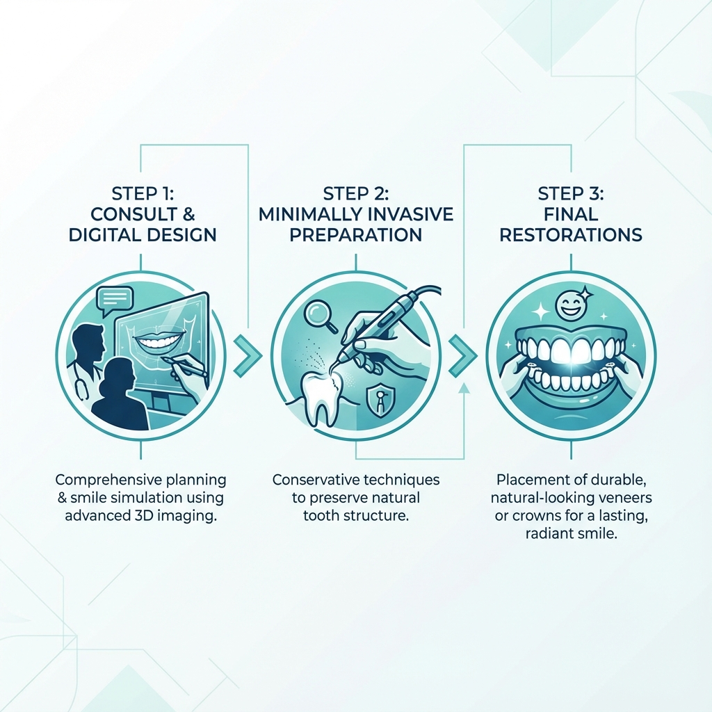 Modern infographic-style image showing a three-step cosmetic dentistry process: consult and digital design, minimally inva...