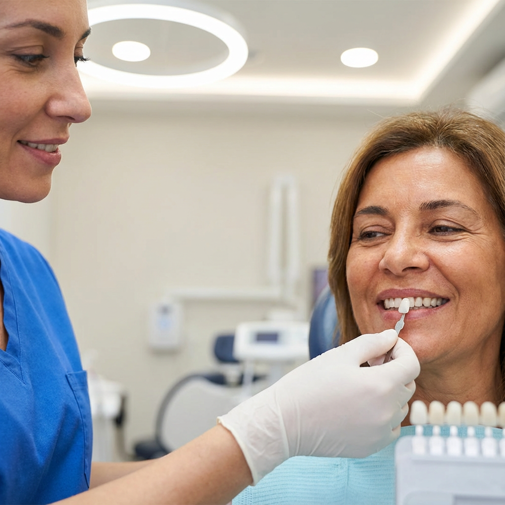 Close-up, photorealistic shot of porcelain veneers being shade-matched by a female dentist to a smiling American middle-ag...