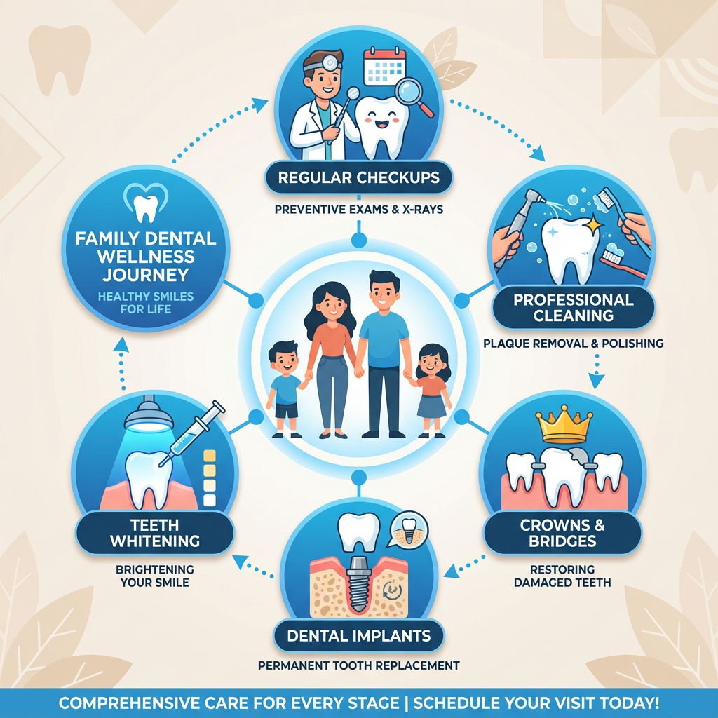 Infographic-style illustration showing a family of four at different dental service icons: checkup, cleaning, crowns, impl...