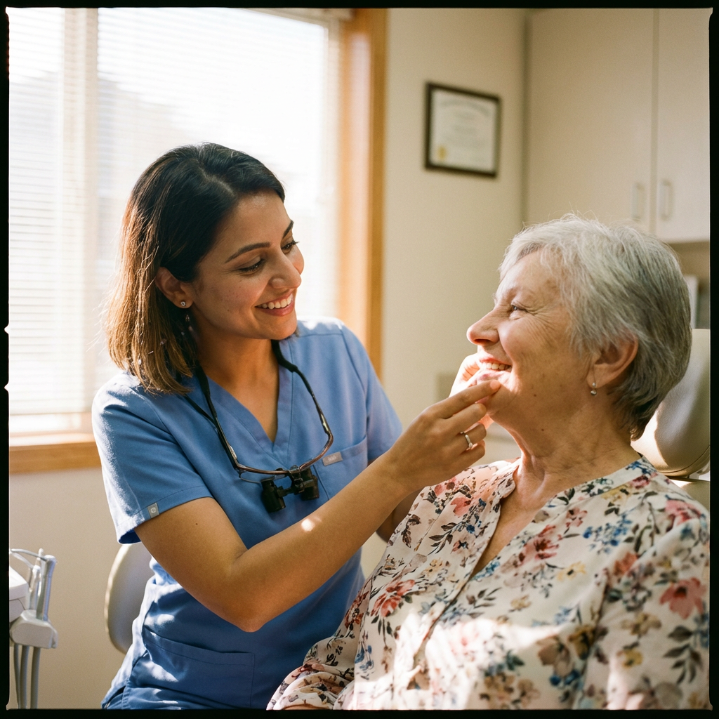 Close-up photograph of a female dentist gently examining a senior female patient's smile in a bright clinic. Photorealisti...