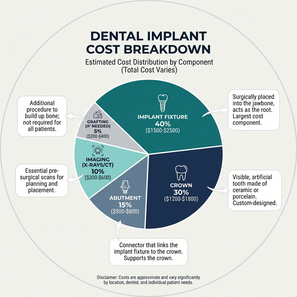 Informational infographic style image showing a cost breakdown pie chart for dental implants: implant fixture, abutment, c...