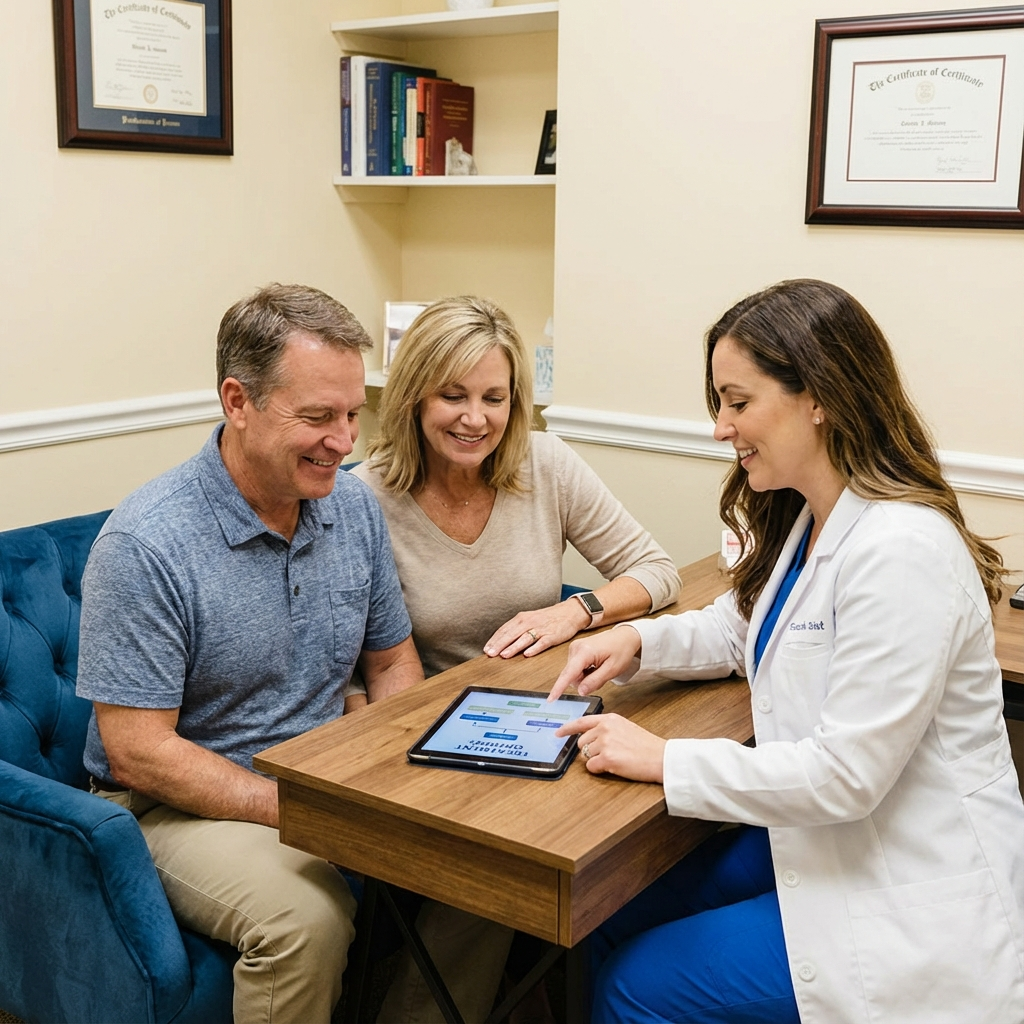Photo of a smiling middle-aged American couple reviewing treatment options with a female dentist in a comfortable consulta...