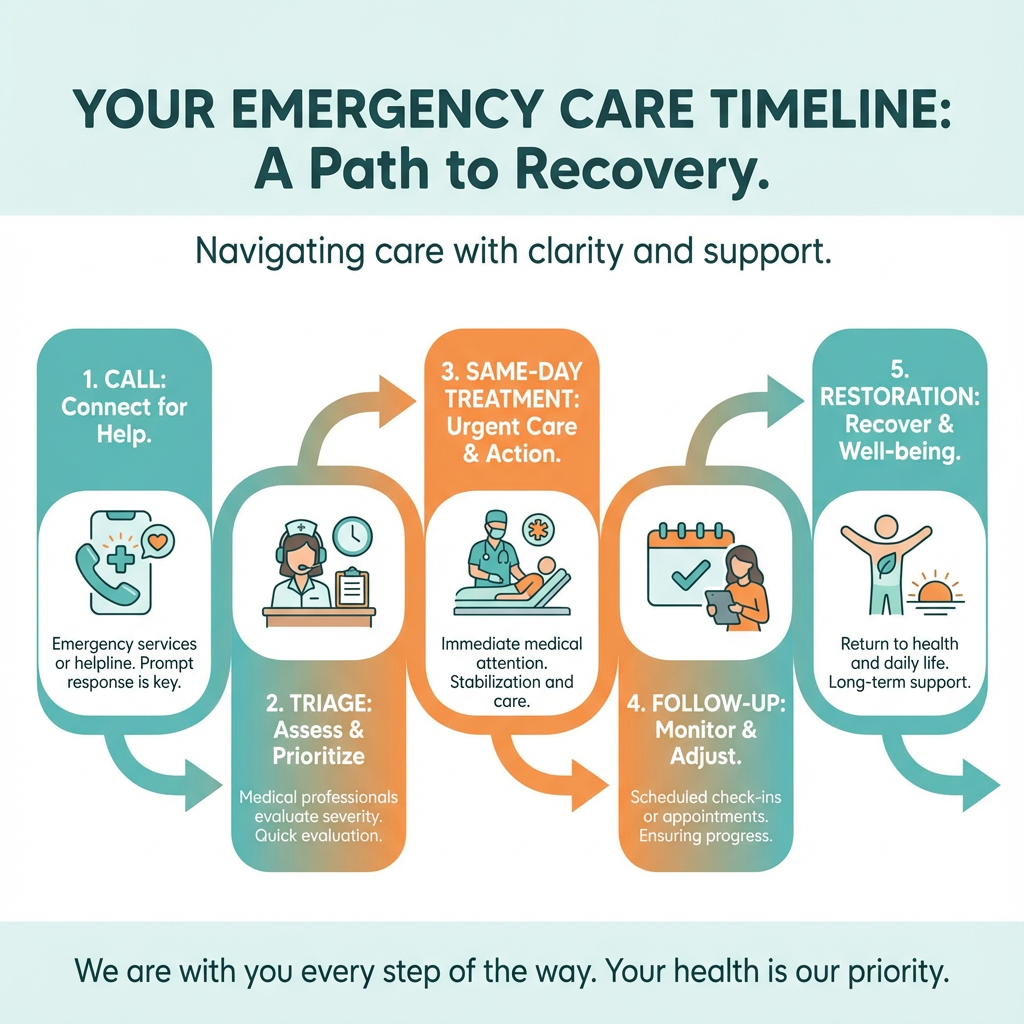 Friendly infographic-style diagram showing the emergency care timeline: Call, Triage, Same-Day Treatment, Follow-Up, Resto...