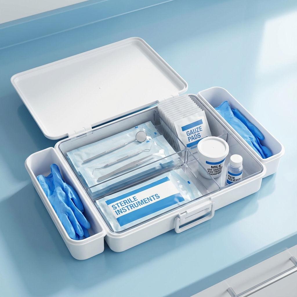 Photorealistic shot of a dental emergency kit on a clean counter, sterile instruments, gauze, small milk cup for knocked-o...