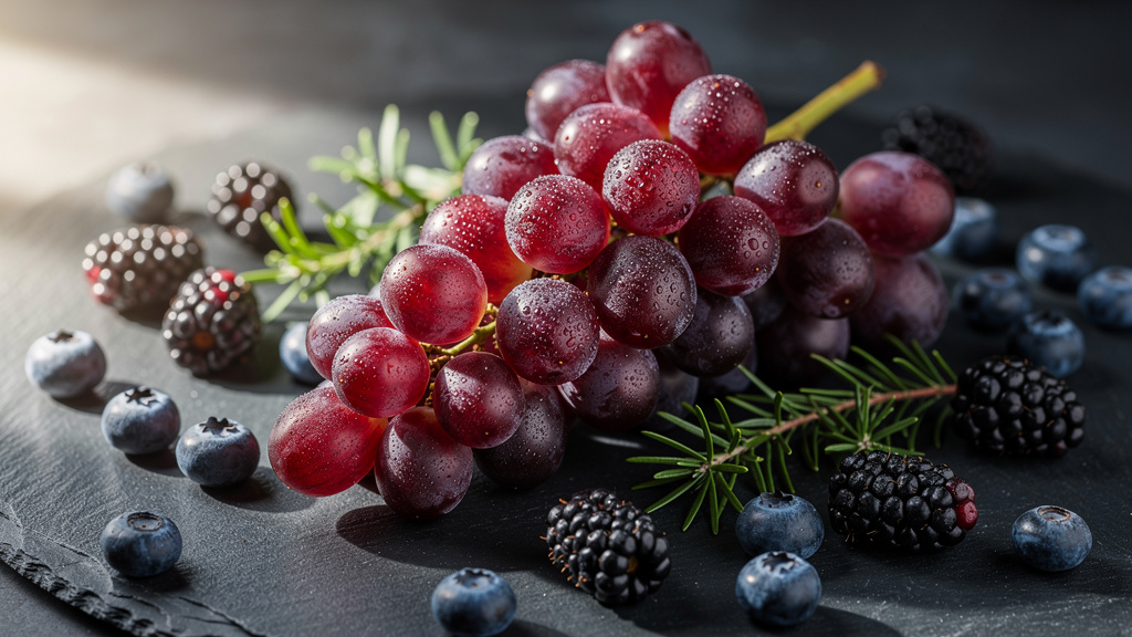 Fresh grapes and berries with herbs on slate