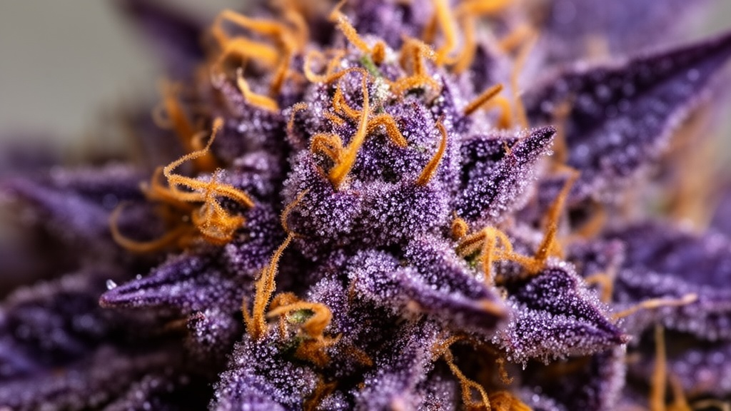 Macro view of frosty trichomes on purple bud