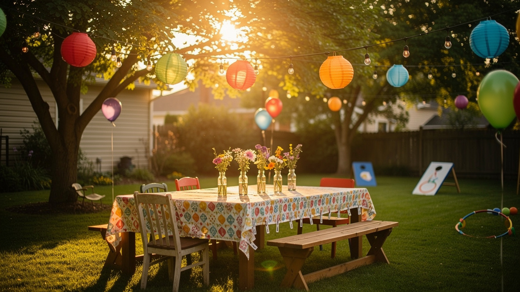 Backyard birthday party with string lights