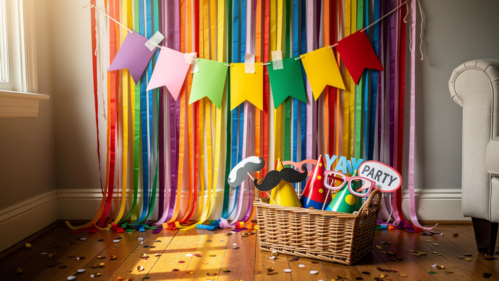 Simple homemade photo backdrop with streamers