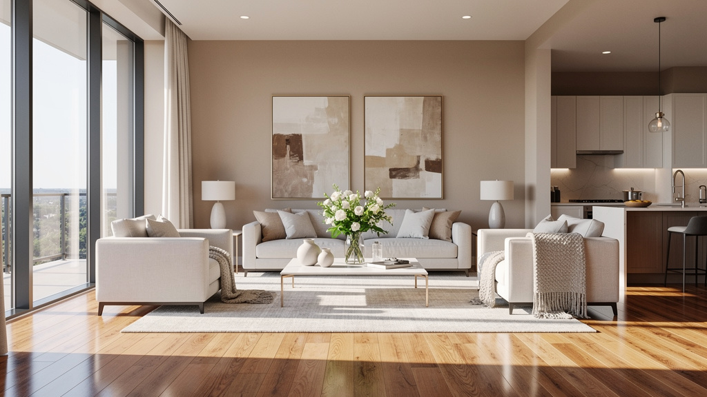 Professionally staged living room with natural light