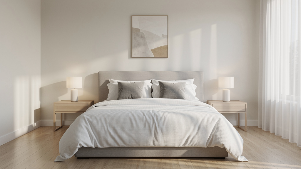 Professionally staged bedroom with neutral colors