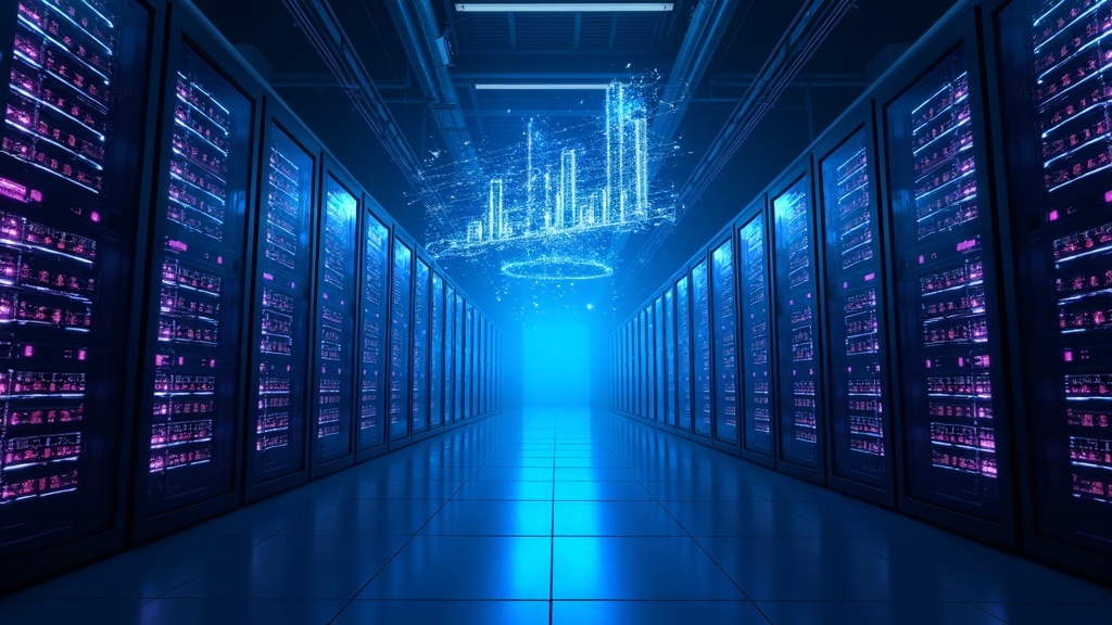 Centro de datos moderno con servidores GPU iluminados en azul para computación de IA