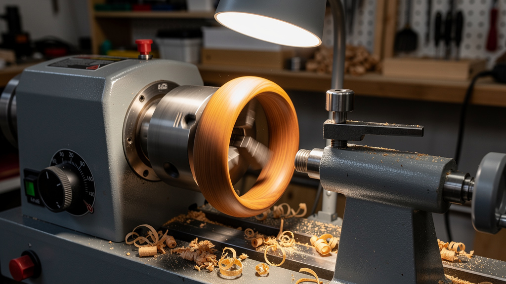 Wood lathe machine setup for bangle production
