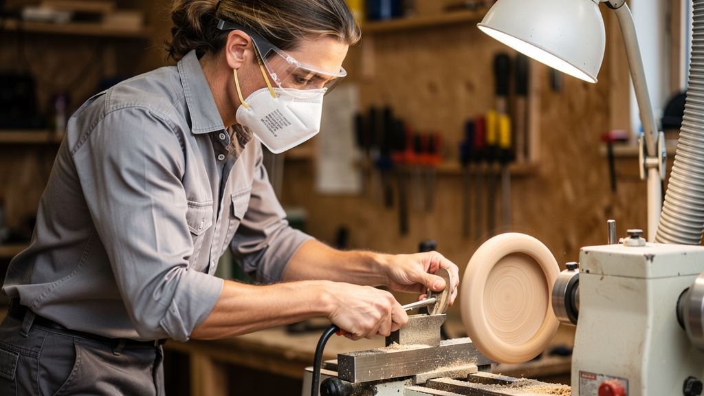 Woodworker using proper safety equipment at lathe