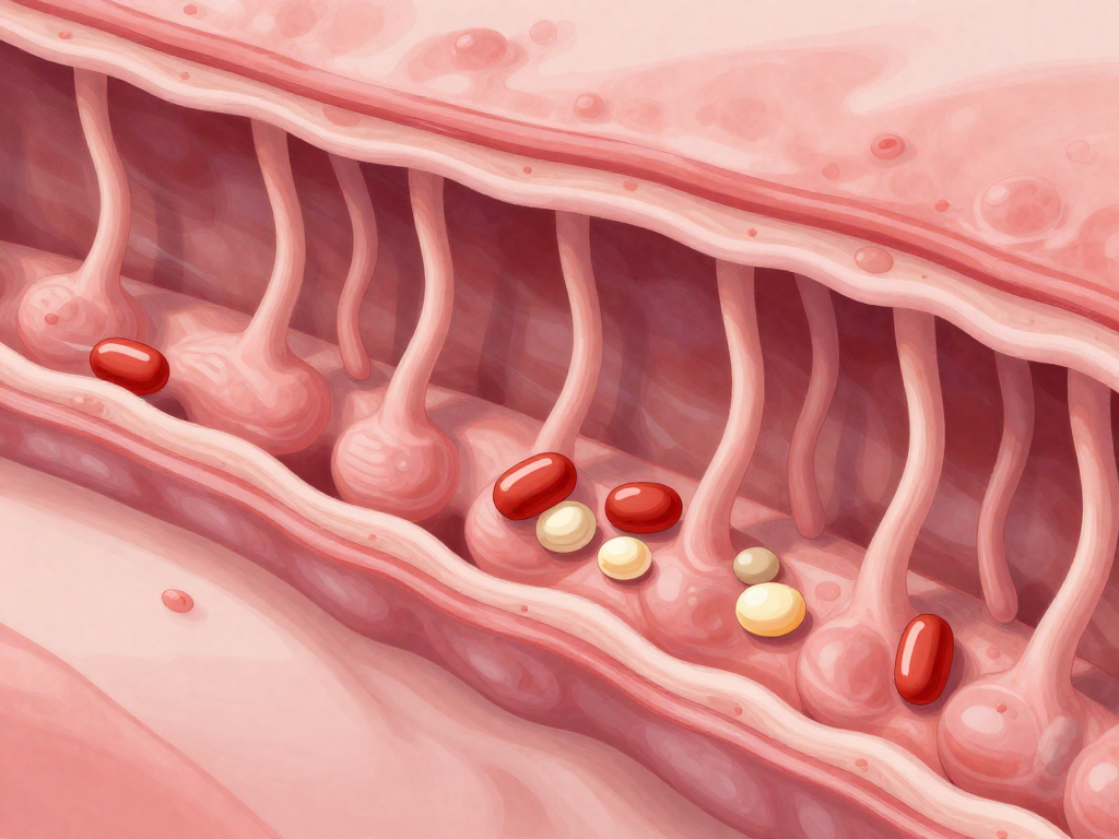 Cross-section of small intestine showing villi absorbing nutrients Cross-section of small intestine showing villi absorbing nutrients