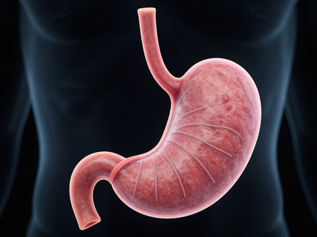 Anatomical illustration of stomach with gastric juices and churning Anatomical illustration of stomach with gastric juices and churning