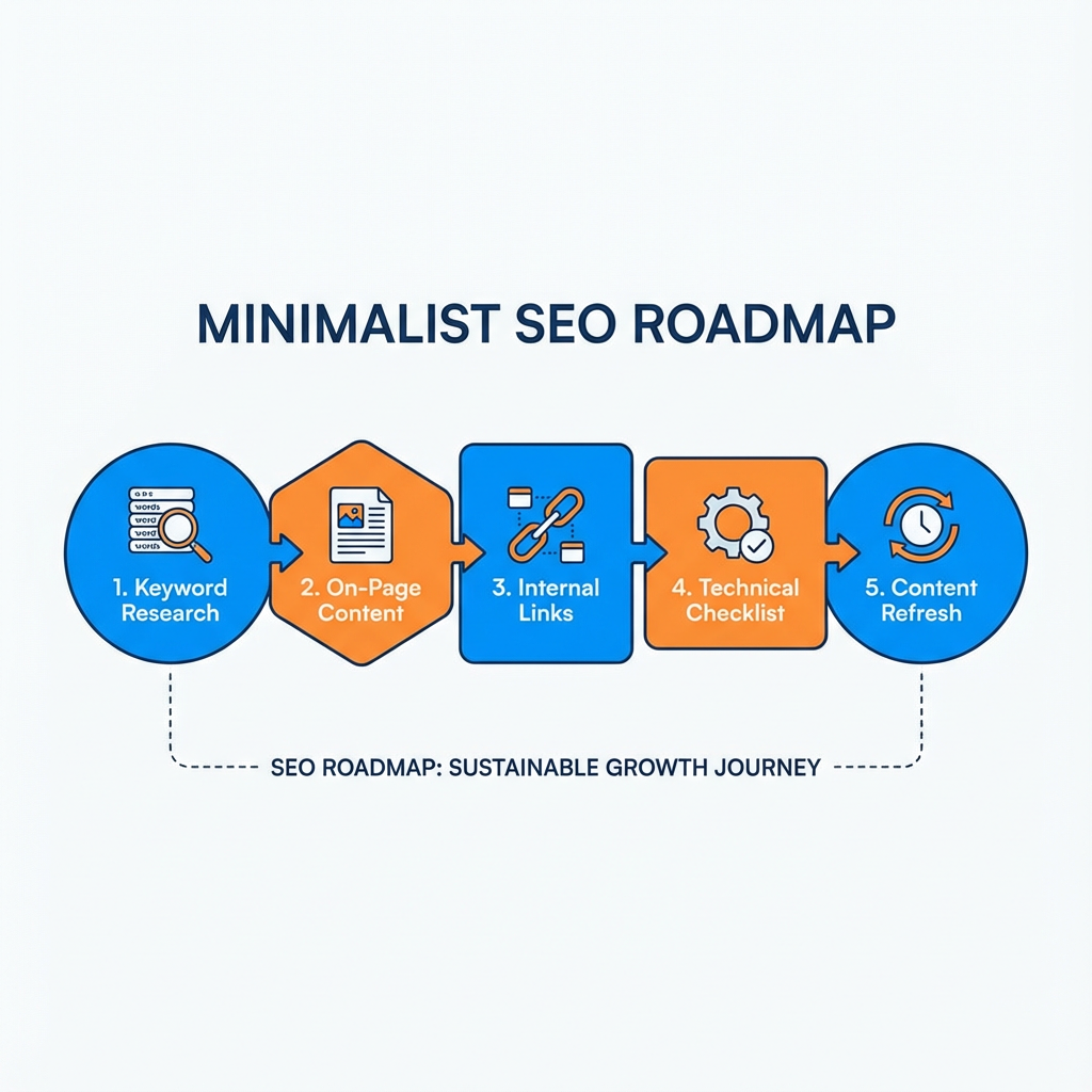 Minimalist infographic showing a 5-step SEO roadmap: Keyword Research, On-Page Content, Internal Links, Technical Checklis...