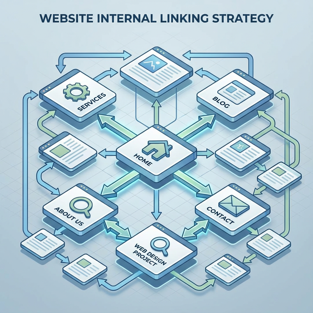 Isometric 3D diagram showing website pages connected by arrows representing internal linking strategy, modern infographic ...