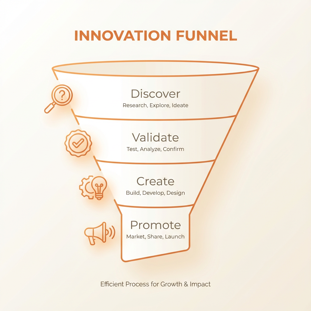 minimalist infographic showing a funnel labeled 'Discover', 'Validate', 'Create', 'Promote', modern infographic style, cle...