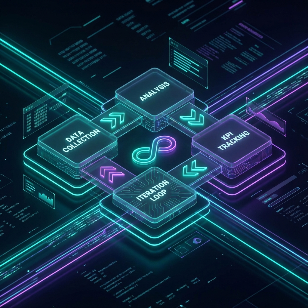 Minimalist process diagram showing KPI tracking and iteration loops, isometric 3D style, cutting-edge tech mood, dark mode...