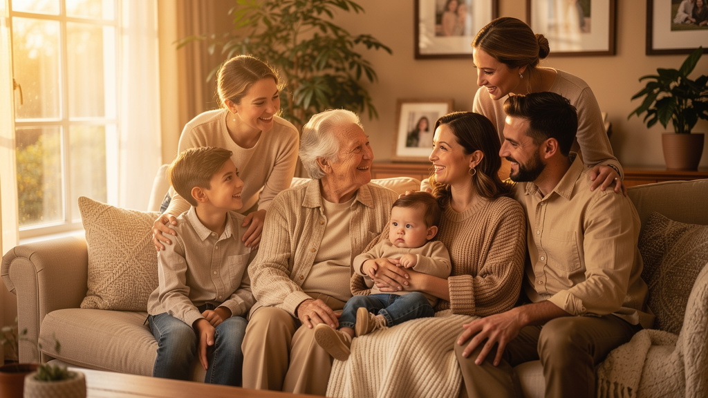Familia multigeneracional reunida en salón acogedor