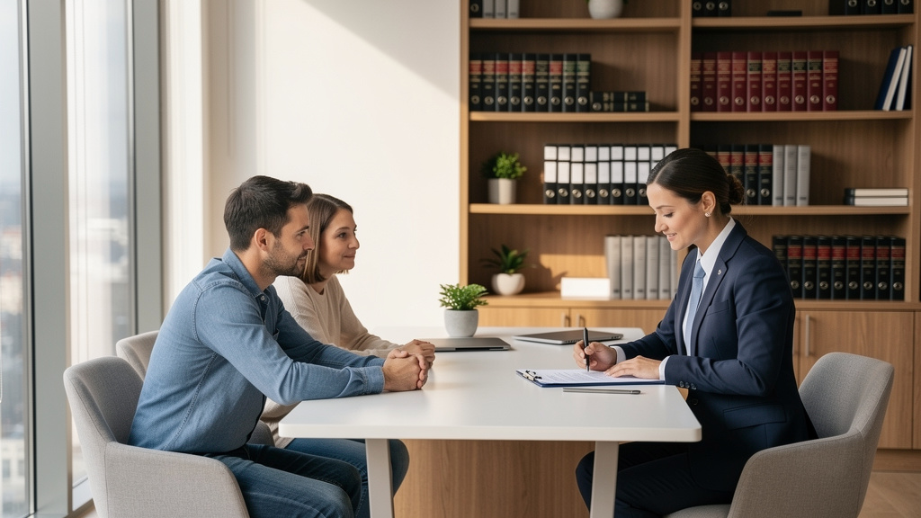 Notario asesorando a pareja sobre planificación hereditaria