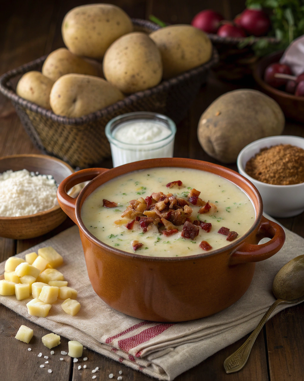 Fresh ingredients for Snow Days Potato Soup including diced potatoes, bacon, and onions arranged on rustic wooden surface