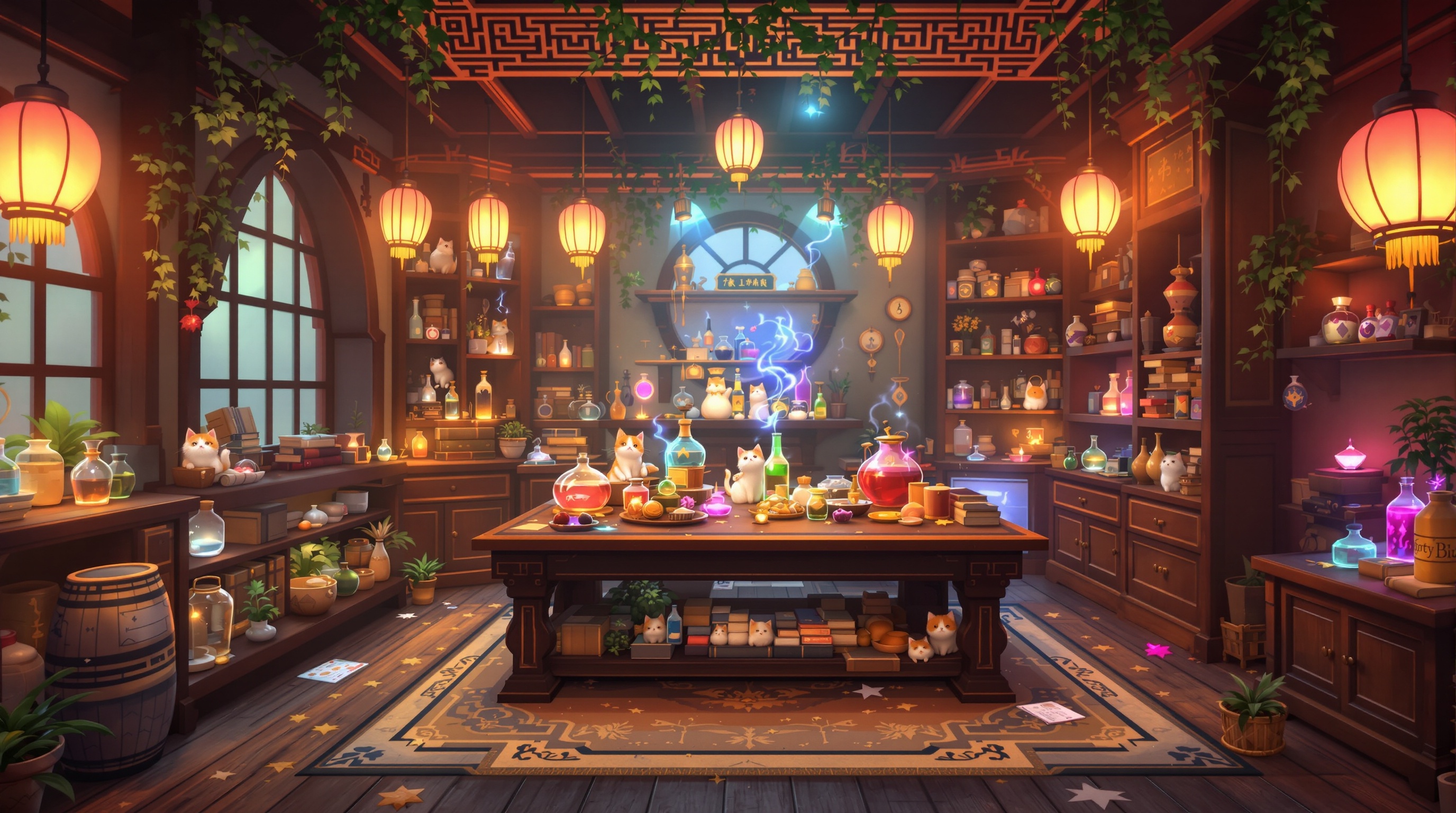 Una tienda de pociones mágica y acogedora en Dark Ride: The Feline Fix.