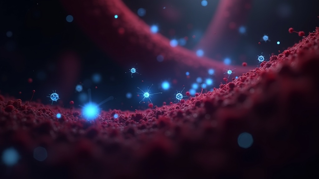 Detalle microscópico de los microbots autónomos en medicina navegando en fluido