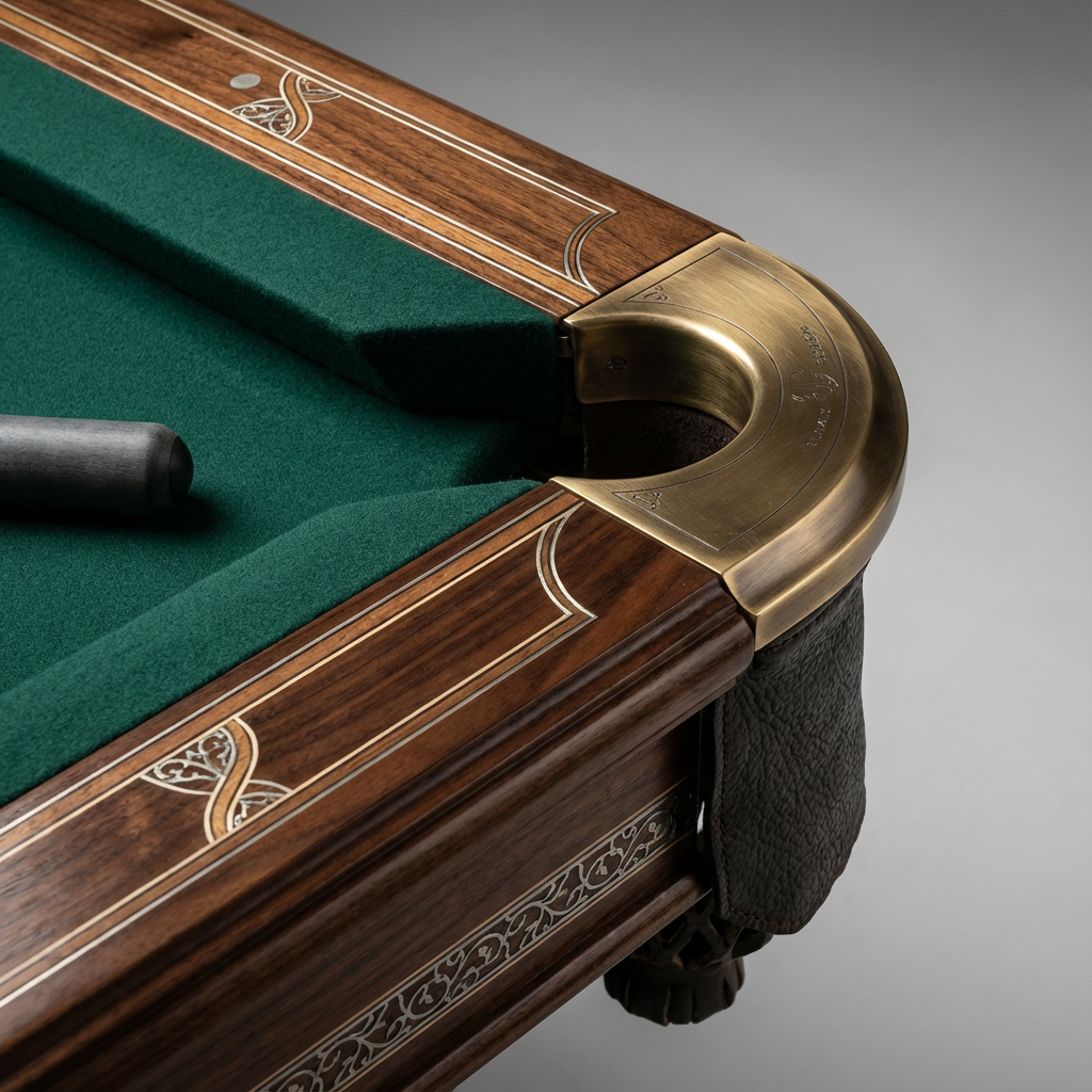 Close-up photorealistic render of premium materials and finishes, showing a handcrafted billiard table corner, detail on i...