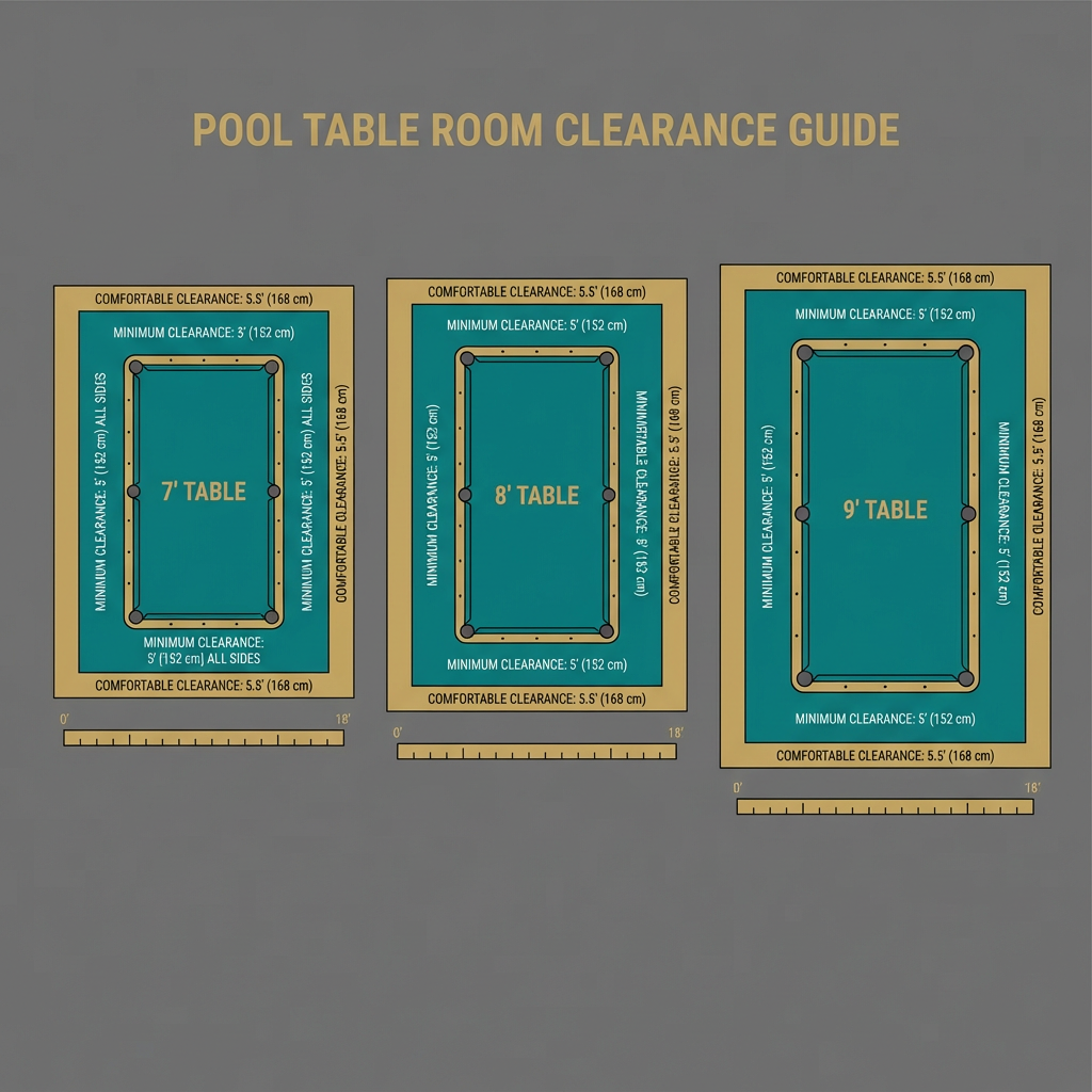 Minimalist infographic, isometric overhead view showing three common pool table sizes (7', 8', 9') with labeled room clear...